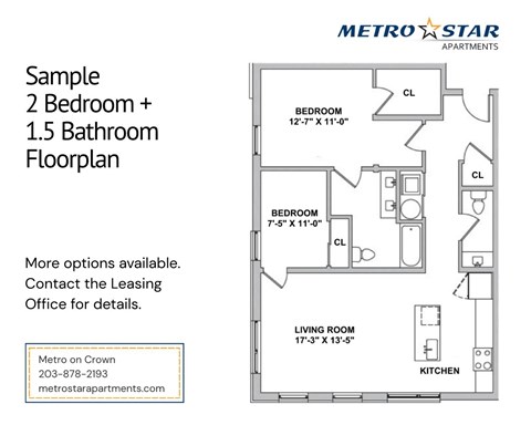 Floor plan for 2 beds, 1.5 baths, 931 sqft